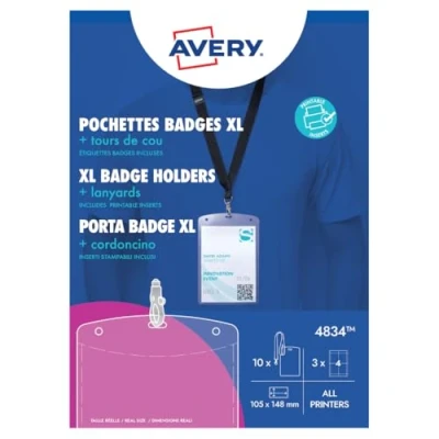 Image de AVERY 10 Porte Badges Grand Format en Plastique Transparent avec Tours de Cou Noirs à Mousqueton 12 Inserts Imprimables Inclus A6 Impression Laser et Jet d&#039;Encre