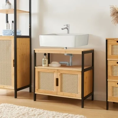 Image de Meuble sous lavabo Tervola bambou 60 x 35 cm noir naturel aspect rotin