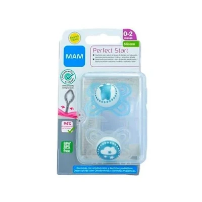 Image de MAM Sucette Perfect Start S186 avec tétine ultra douce en silicone souple extra fine SkinSoftTM, pour bébés de 0 à 2 mois, boîte auto stérilisable, bleu (lot 2) [modèle assorti]