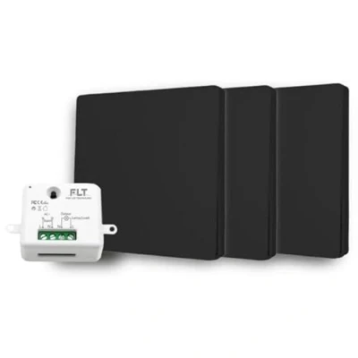 Image de Interrupteur sans fil et pile Auto alimenté Noir Écologique Qualité Pro Va vient RF 3 télécommande mural + 1 relais radio encastrable Longue Distance Intérieur Extérieur IP64