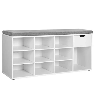 Image de VASAGLE Banc à Chaussures, de Rangement, avec Tiroir et Compartiments, Étagère Siège Rembourré, Couloir, Entrée, Chambre, 30 x 104 48 cm, Blanc Gris LHS24WT