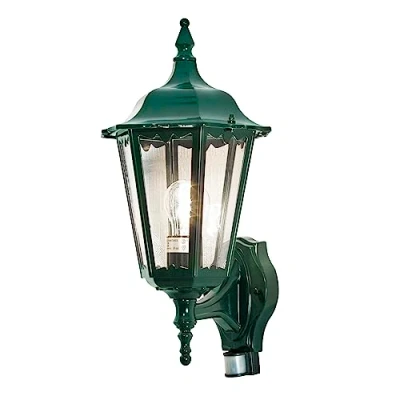 Image de Konstsmide Applique murale d&#039;extérieur à alimentation secteur/Firenze Up Lanterne traditionnelle avec détecteur de mouvement PIR 1 x 100 W E27 Max Lampe/verre acrylique transparent/aluminium/IP43/vert