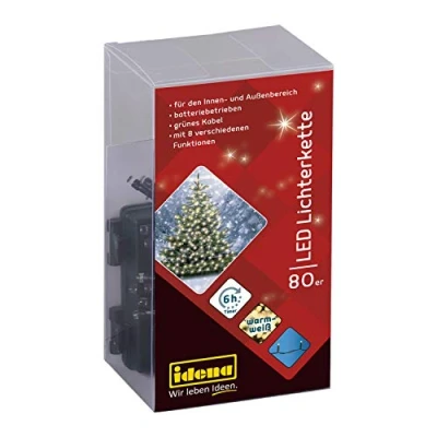 Image de Idena 30438 Guirlande lumineuse avec 80 LEDs en blanc chaud, 8 fonctions d&#039;éclairage, minuterie de 6 heures, fonctionnant sur piles, intérieur et extérieur, pour les fêtes, Noël, décoration