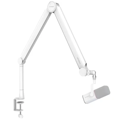 Image de IXTECH bras de micro blanc qualité supérieure, rotatif à 360 avec support bureau, entièrement réglable, robuste et universel, modèle VALIANT WHITE