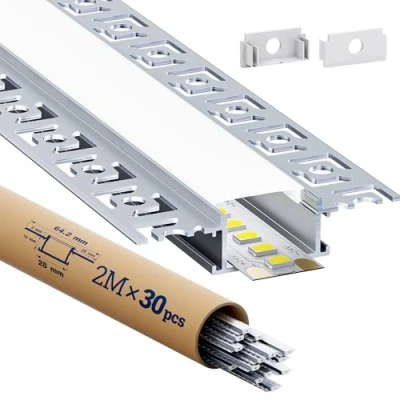 Image de HOOLED 30 x Profile Alu pour Ruban LED 2m Diffuseur de lumière en forme U Canal Rail, avec couvercle laiteux, Kit Profilé Encastrable cloison sèche embouts Barre aluminium