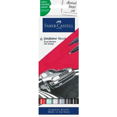 Image de Faber Castell 164813 Goldfaber Sketch Marker Autodesign, étui de 6 marqueurs à alcool avec pointe Brush et Fineliner