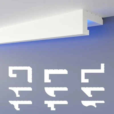 Image de HEXIMO profilé de joint d&#039;ombre LED moulures, éclairage indirect XPS styropor plafond sec moulures en polystyrène expansé (échantillon HLED 11)