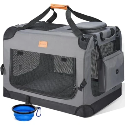 Image de Morpilot Grand Sac de Transport pour Chien et Chat Cage Voyage Pliable à côtés Souples 12 kg Maximum avec gamelle Pliable, bandoulière Poches Rangement, Gris,M