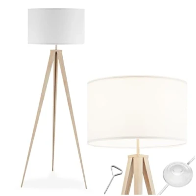 Image de TECTAKE Lampadaire LUNARIS abat jour en tissu et trépied avec patins doux pour le sol Marron chêne