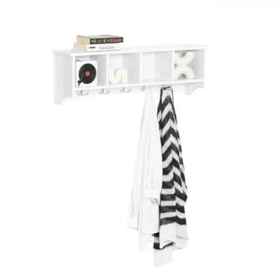 Image de SoBuy Portemanteau Étagère Murale Porte Manteau Salle de Bain Meuble d’Entrée avec 4 Compartiments Rangement Et 5 Crochets Blanc, FRG48 L W