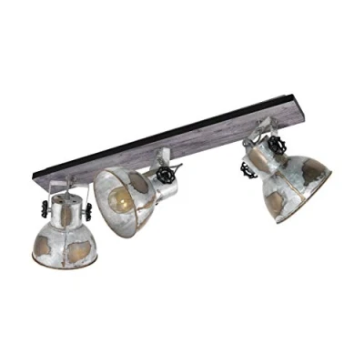 Image de Eglo Lampe de plafond BARNSTAPLE, spot vintage à 3 flammes au design industriel, mural rétro en acier aspect zinc usé et bois, couleur : marron patiné, noir, douille E27