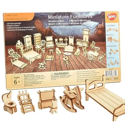 Image de BOHS Kit Créatif 34 Meubles Miniatures en Bois Puzzle 3D DIY pour Maison de Poupée, Instructions 2D/3D, Découpe Laser, Échelle 1:20 Enfants 6 Ans et Plus