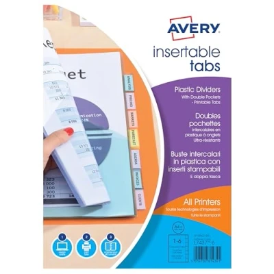 Image de AVERY Double pochettes intercalaires à onglets personnalisables et imprimables. 6 touches. Format A4+ (permet de classer des perforées). En polypropylène coloré translucide.