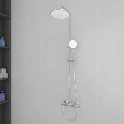 Image de Plumbsys Colonne de Douche thermostatique 38 C，Colonne avec 9.5 pouces rond à Pluie，Douchette main 3 types jet,vanne anti brûlure，Système Chrome