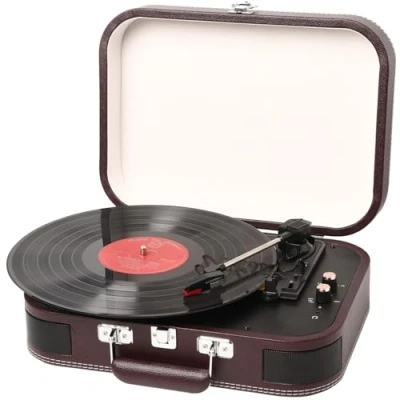 Image de Platine Vinyle, Lecteur Vinyles avec Bluetooth USB AUX Haut Parleur Stéréo Intégré Conception de Valise Rétro Vintage sans Fil 3 Vitesses 33/45/78, Rouge