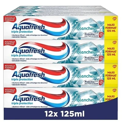 Image de Aquafresh Dentifrice Triple Protection Blancheur, Pour Des Dents Fortes et Une Haleine Fraiche, Lot de 12x125ml
