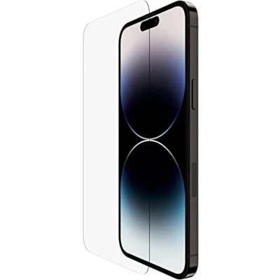 Image de Belkin Protection d’écran TemperedGlass pour iPhone 14 Pro Max (traitement antimicrobien, application sans bulle d’air, support de pose inclus, test résistance 9H) Transparent