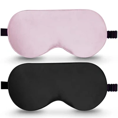 Image de Lot de 2 masques sommeil, pour les yeux, en soie pure 100% naturelle avec sangle réglable, bloque la lumière, réduit yeux gonflés
