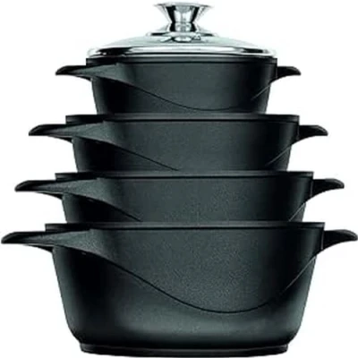 Image de Smile MGK 12 Batterie de cuisine noire en aluminium moulé (4 casseroles avec 4 couvercles verre trempé sécurité et 2 maniques)