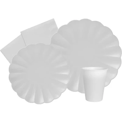 Image de Ciao Kit Table Fête Party Flower Shape 24 personnes (112 pcs: assiettes, gobelets, serviettes) en papier compostable, blanc Vaisselle papel eco friendly, Uni, AZ113