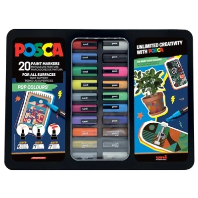 Image de Uni Ball 186832 POSCA Marker Set, 20 stylos acryliques en étui, Set Pop Colours, pointe PWE5M 1,8 2,5 mm