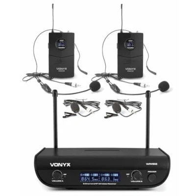 Image de Vonyx WM82 Set de 2 Microphones sans Fil avec Émetteurs Poche Canaux, Système UHF 2, Fréquence Fixe, Porté 50m, Double Récepteur, Réglage Volume Indépendant, Valise Transport Fournie