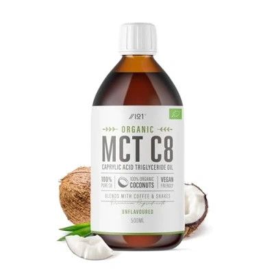 Image de Huile C8 MCT bio 500 ml 100 % pure pressée à froid de noix coco qualité supérieure, provenant sources durables, ajouter aux cafés ou milkshakes, stimule les cétones 3 fois plus
