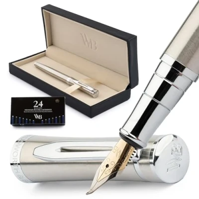 Image de Wordsworth &amp; Black Ensemble Stylo Plume, Pointe Courbée, Comprend 24 Cartouches D&#039;encre, Convertisseur De Recharge D&#039;encre Et Coffret Cadeau, Finition Chromée, Calligraphie [Chrome Argenté]