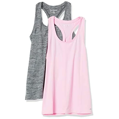 Image de Amazon Essentials Débardeur Technique Extensible à Dos Nageur (Disponible en Grande Taille) Femme, Lot de 2, Noir Teinture Spatiale/Rose Clair, L
