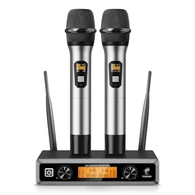 Image de TONOR Microphone sans Fil Systèmes de Micro UHF Double Portable Micros Dynamiques pour Karaoké, Fête, DJ, Église, Mariage, Réunion, 60m, TW820, Gris