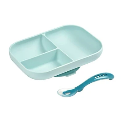 Image de BÉABA, Set Repas Bébé, Avec Ventouse, Anti dérapant, Assiette Silicone Compartimentée + Cuillère, Sain et Durable, Compatible lave vaisselle, Micro onde, Congélateur, Facile d&#039;entretien, Bleu
