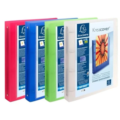 Image de Exacompta Réf. 51869E Carton de 12 classeurs personnalisable 1 poche 4 anneaux ronds 30 mm Dimensions extérieures : 32 x 26,8 cm Format à classer A4 Maxi Assortis