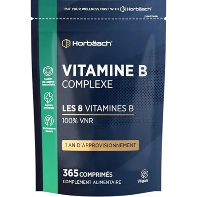 Image de Vitamine B Complex 365 Comprimés Vegan pour 1 An Complexe de B1, B2, B3, B6, B12 Acide Folique et Choline Complément Alimentaire Défenses Immunitaires par Horbaach