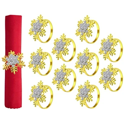 Image de KAHEIGN 10 Pièces Ronds de Serviette Noël, Doré Porte Serviettes Flocon Neige Boucle Noël avec Strass pour Décoration Table Fête Mariage Déjeuner Thanksgiving