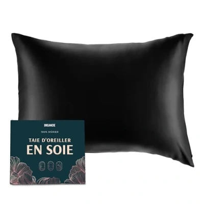 Image de DREAMZIE Taie d Oreiller en Soie 100% Naturelle de mûrier pour Les Cheveux et la Peau 19 mm des Deux côtés 1 unité Noir 40x80 cm