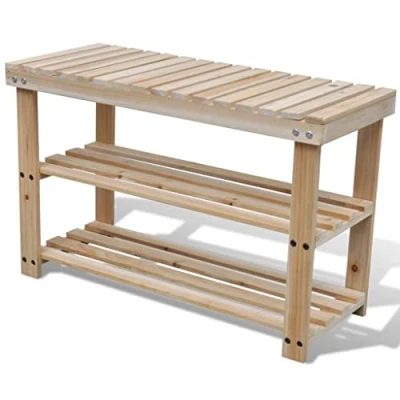 Image de vidaXL Bois de Sapin Massif Etagère à Chaussures 2 en 1 et Dessus avec Banc