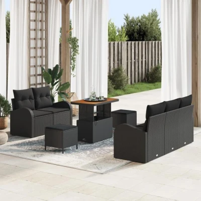 Image de Ensemble de 8 canapés jardin noir avec coussins en poly rotin et acacia 3364289