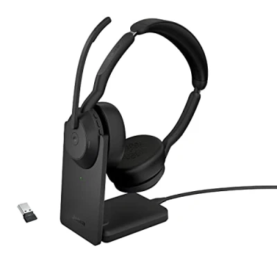 Image de Jabra Evolve2 55 Micro casque sans fil stéréo avec base de chargement, Air Comfort, micros à réduction bruit et ANC. Certifié MS Teams, fonctionne toutes les plateformes Noir