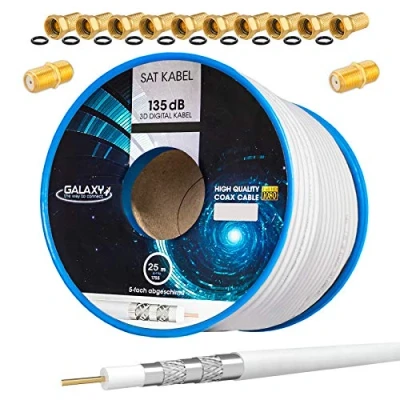Image de HB DIGITAL Lot de 25 m Câble satellite coaxial 135 dB blanc + 10 fiches F et 2 connecteurs plaqués or CCS (acier cuivre) d&#039;antenne blindé 5 fois pour installations DVB S/S2