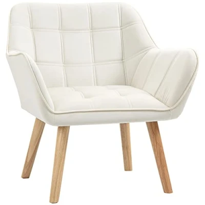 Image de HOMCOM fauteuil de salon à oreilles relaxation avec pieds en caoutchouc, lecture aspect velours, rembourré pour chambre coucher, scandinave, blanc