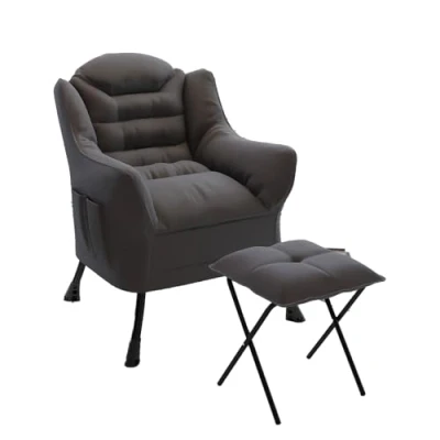 Image de CATAVANA Fauteuil Design en Velours Gris Foncé avec Repose Pieds Idéal pour Lire ou Se Détendre Structure Métallique Robuste Assise Confortable Taille 75x70x104cm, Tabouret 34x34x32cm