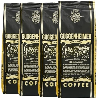 Image de Guggenheimer Supreme Cafe en Grain 2 kg Torréfaction Extra Lente Arabica &amp; Robusta Café Grains pour Machines Automatiques 4 x 500g