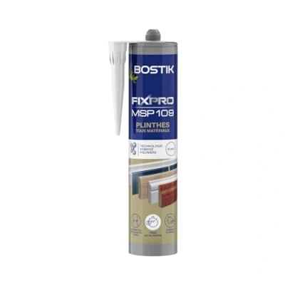 Image de Bostik FIXPRO Mastic Plinthes Tous Matériaux MSP 109 Colle de Fixation Intérieur/Extérieur Hybride Polymère Prise Immédiate Blanc Cartouche 290 ml