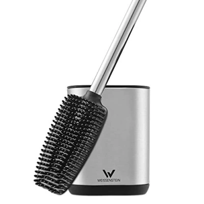 Image de WEISSENSTEIN Brosse WC Plate en Silicone avec Support INOX A Suspendre ou Poser Au Sol Balai Flexible Et Souple sans Rayures Nettoyage Propre Efficace