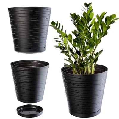 Image de KADAX Pot de Fleurs en Plastique avec Soucoupe Incorporée, Plantes Conception Raffinée pour la Décoration d&#039;Intérieur (25 cm, Noir)
