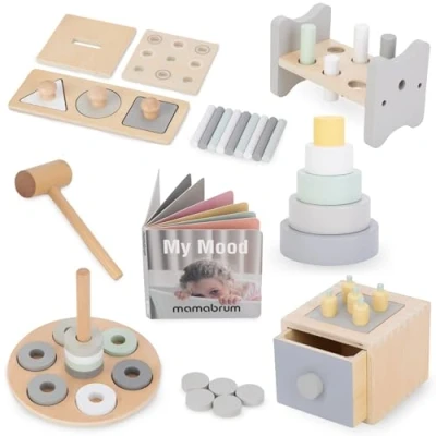 Image de Mamabrum Jouet Montessori pour tout petits 12 m+, boîte éducative créative 6 jouets : marteau, puzzle, livre, de tiroir, pyramide, puzzle