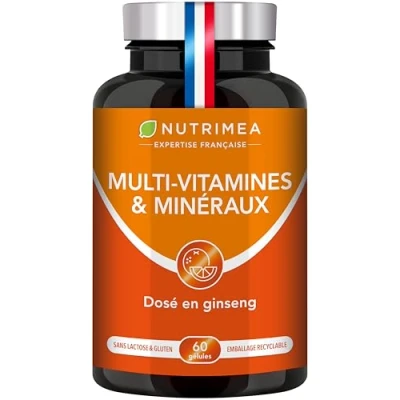 Image de Multivitamines et Minéraux Formule Unique au GINSENG Vitamines B1, B3, B6, B9, B12, C, D3, Fer Calcium Energie, Vitalité, Puissance Fabrication Française Nutrimea