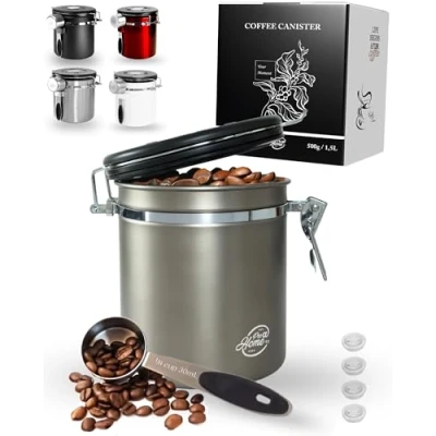 Image de Pro@Home43® Boîte à café hermétique 500 g Gun Metal Récipient de conservation pour grains 1,5 l en acier inoxydable avec fonction calendrier, cuillère doseuse et 4 valves rechange C02,
