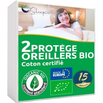 Image de SLEEPZEN Protège Oreillers 30x50cm Absorbant Lot de 2, Molleton 100% Coton Bio Certifié OCS, Protege Oreiller Housse Anti Acariens, Antibactérien et Hypoallergénique Non Imperméable