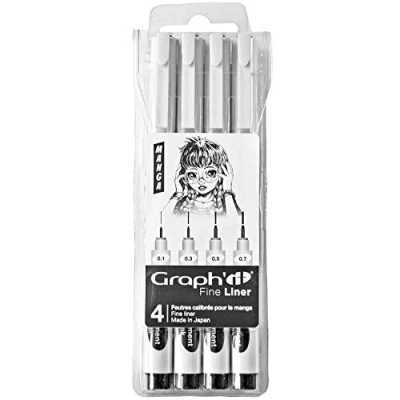 Image de GRAPH&#039;IT Fine Liner pochette de 4 feutres à pointes calibrées encre pigmentée base d’eau résistante la lumière et au gommage, couleur Noir, set Manga (0.1 0.3 0.5 0.7)